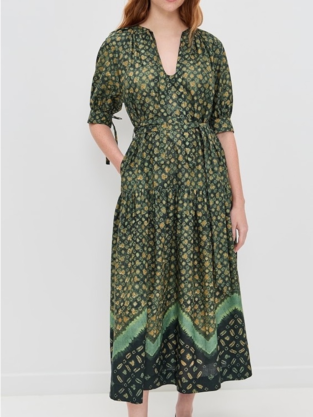 o.p.t. aksoy midi dress Olive Green Printed Midi Dress with Puff Sleeves